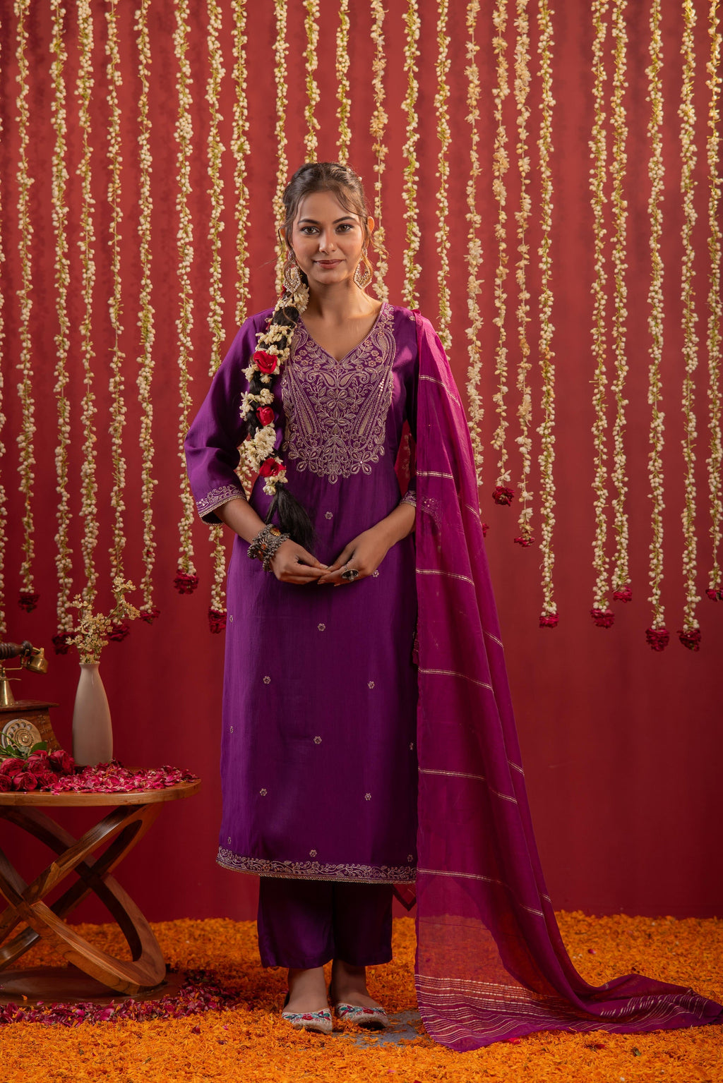 Juniper Purple Embroidered Straight Kurta With Pant & Striped Dupatta | Grocsy