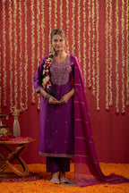 Juniper Purple Embroidered Straight Kurta With Pant & Striped Dupatta | Grocsy