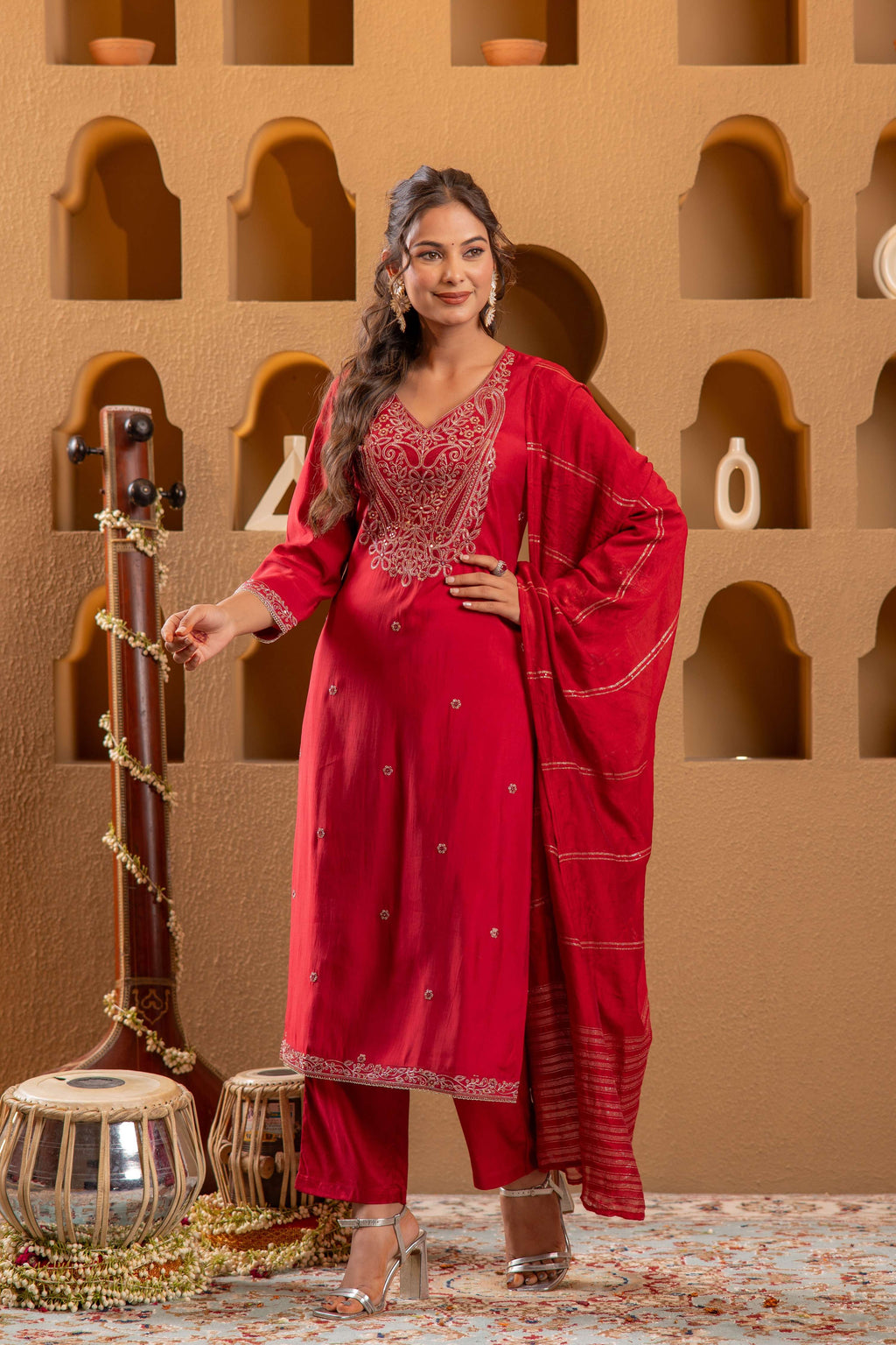 Juniper Red Embroidered Straight Kurta With Pant & Striped Dupatta | Grocsy