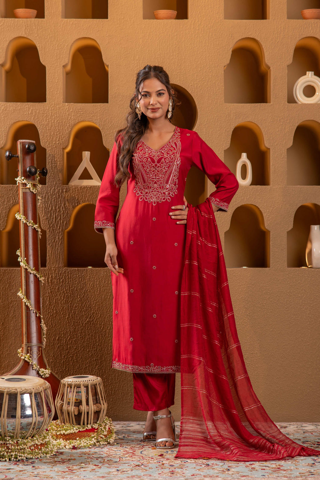 Juniper Red Embroidered Straight Kurta With Pant & Striped Dupatta | Grocsy