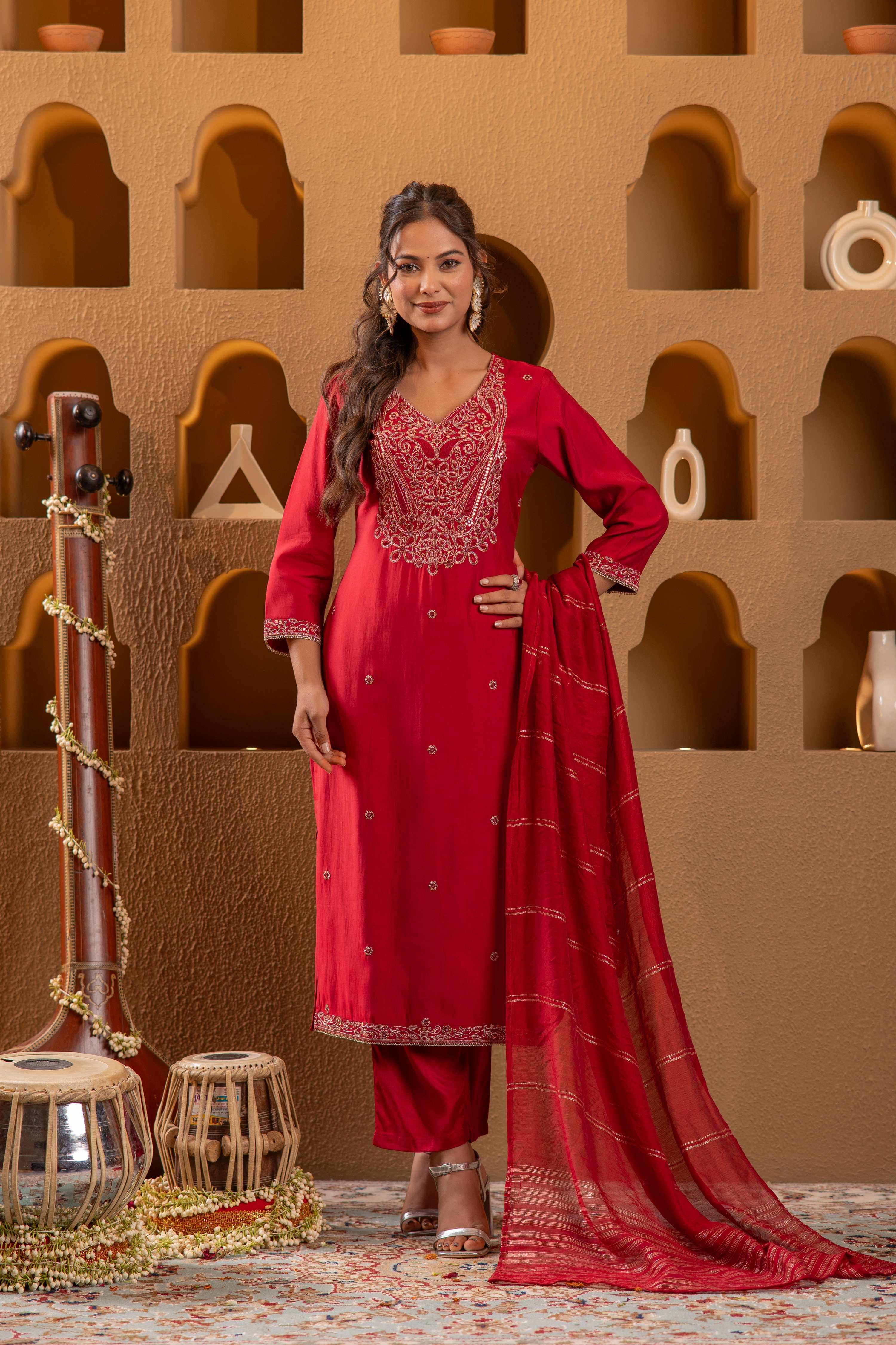 Juniper Red Embroidered Straight Kurta With Pant & Striped Dupatta | Grocsy