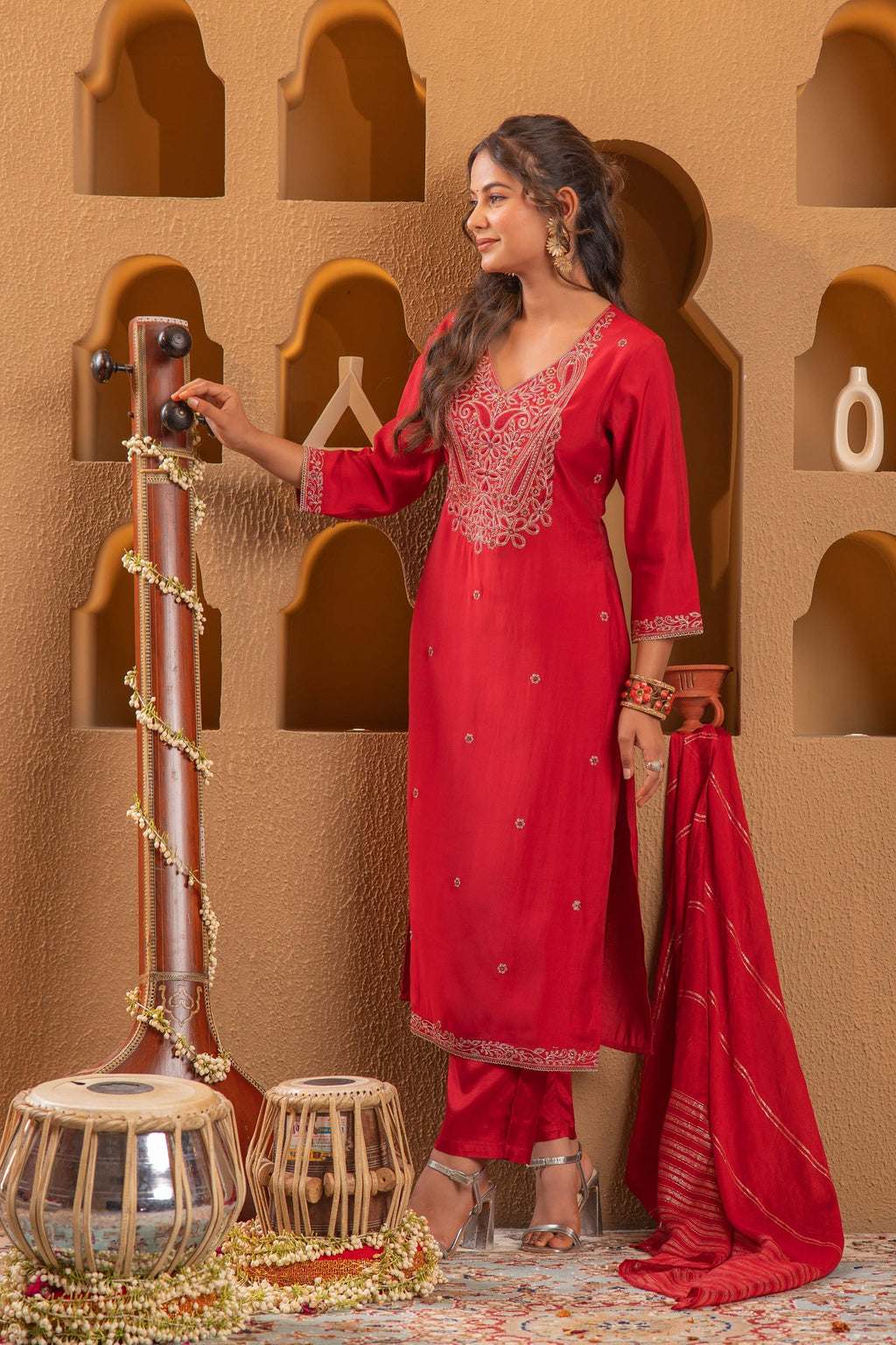 Juniper Red Embroidered Straight Kurta With Pant & Striped Dupatta | Grocsy