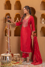 Juniper Red Embroidered Straight Kurta With Pant & Striped Dupatta | Grocsy