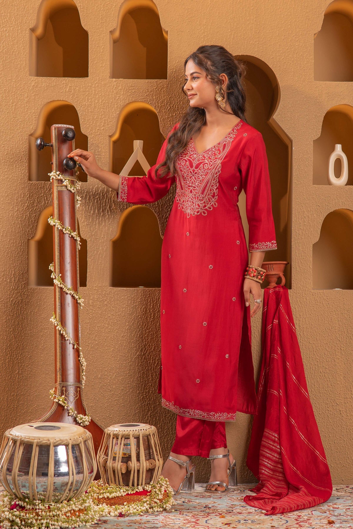 Juniper Red Embroidered Straight Kurta With Pant & Striped Dupatta | Grocsy