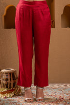 Juniper Red Embroidered Straight Kurta With Pant & Striped Dupatta | Grocsy