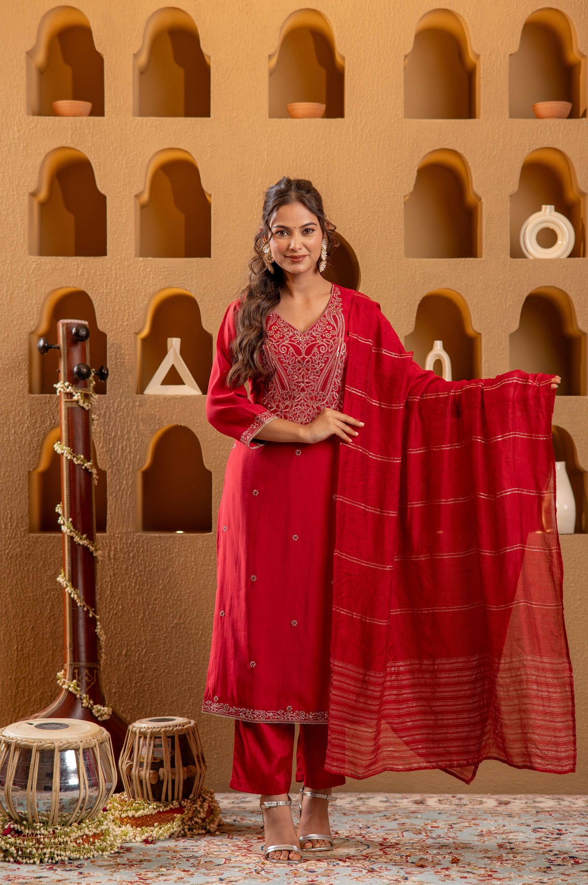 Juniper Red Viscose Straight Kurta With Pants & Dupatta Set With Zari & Sequence Work (Copy) | Grocsy