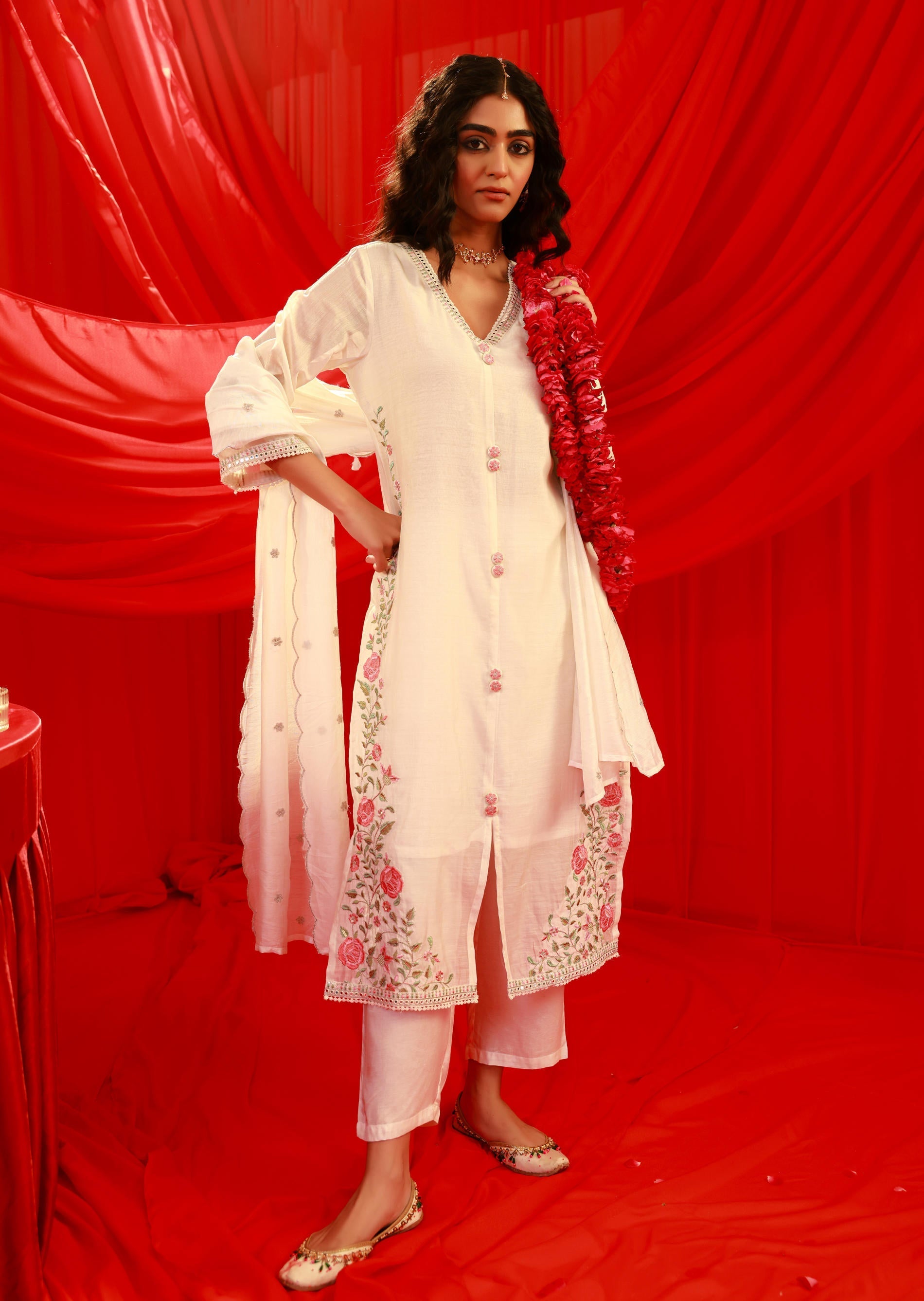 Juniper Ivory Viscose Kurta With Pants & Dupatta Set With Mirror & Thread Work | Grocsy