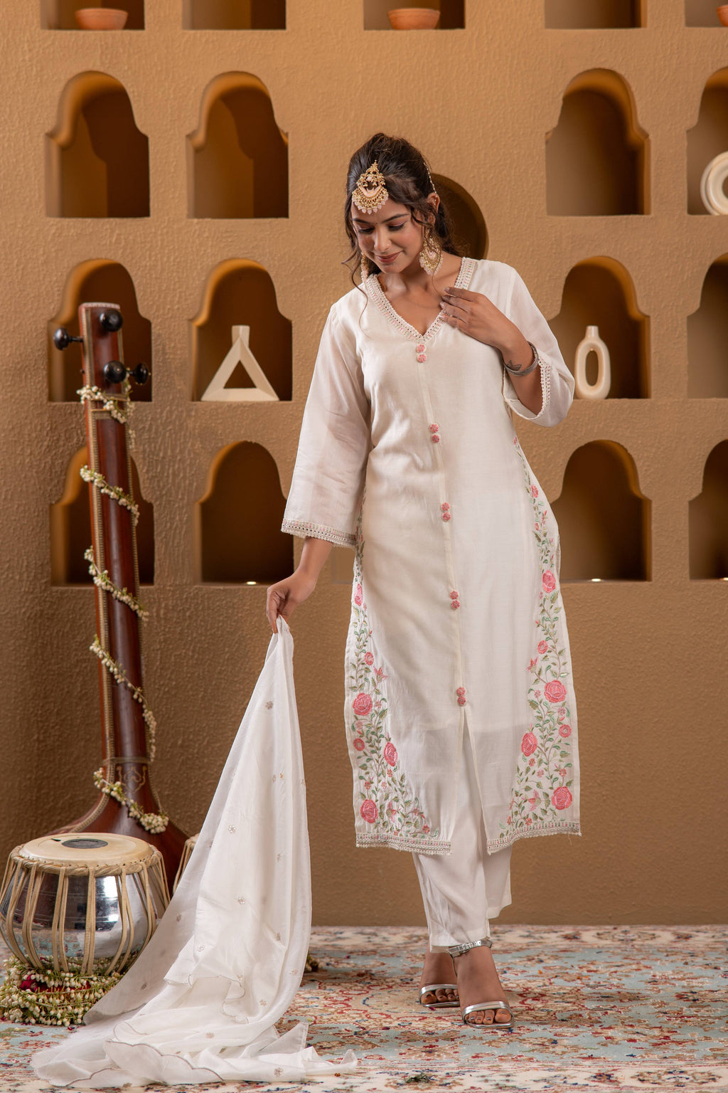 Juniper Ivory Viscose Kurta With Pants & Dupatta Set With Mirror & Thread Work | Grocsy