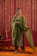 Juniper Mehendi Green Embroidered Kurta Set With Dupatta | Grocsy
