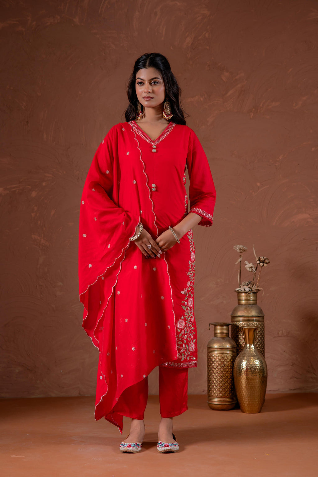 Juniper Red Anarkali Kurta Set With Embroidery And Scallop Hemline | Grocsy