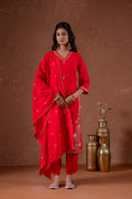 Juniper Red Anarkali Kurta Set With Embroidery And Scallop Hemline | Grocsy