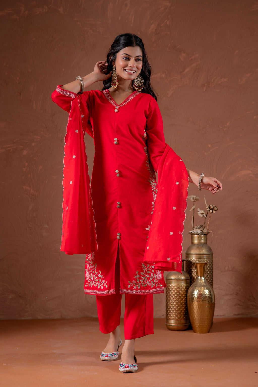 Juniper Red Anarkali Kurta Set With Embroidery And Scallop Hemline | Grocsy