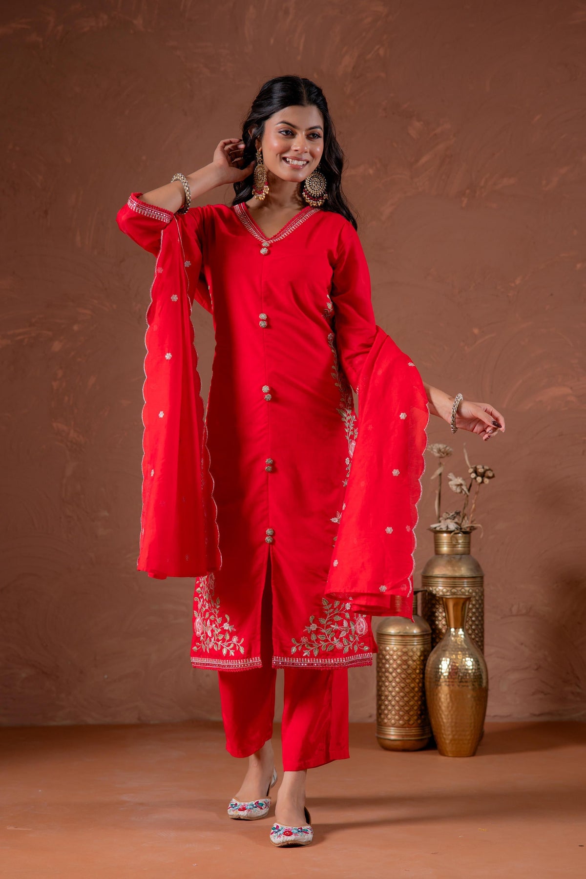 Juniper Red Anarkali Kurta Set With Embroidery And Scallop Hemline | Grocsy