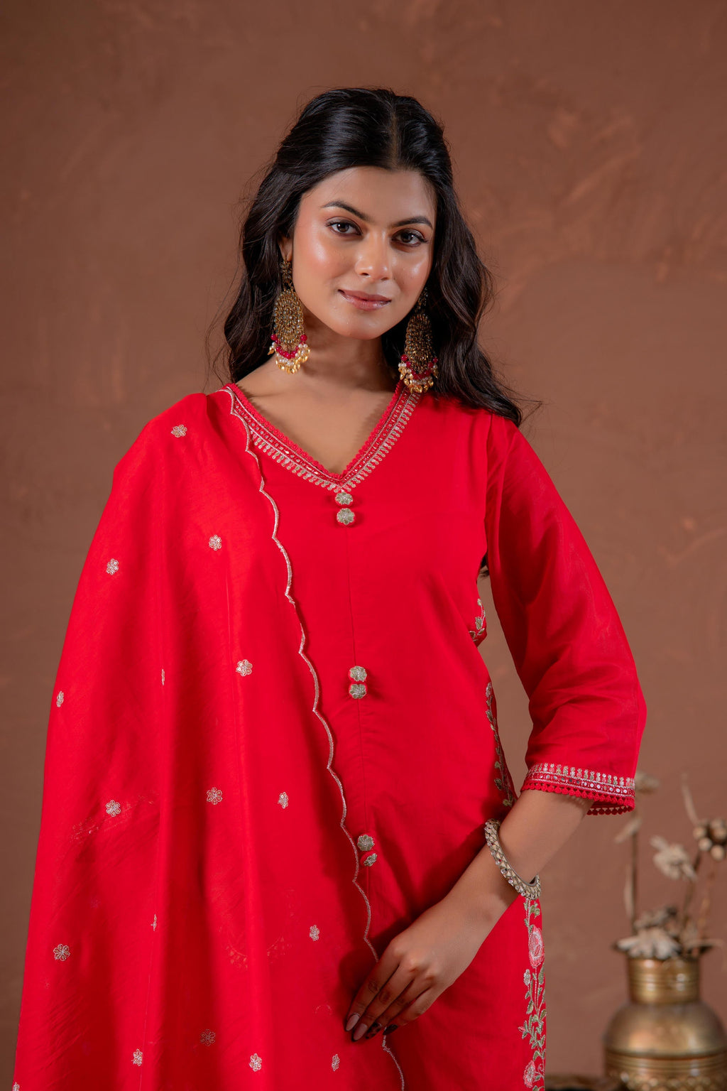 Juniper Red Anarkali Kurta Set With Embroidery And Scallop Hemline | Grocsy