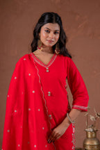 Juniper Red Anarkali Kurta Set With Embroidery And Scallop Hemline | Grocsy