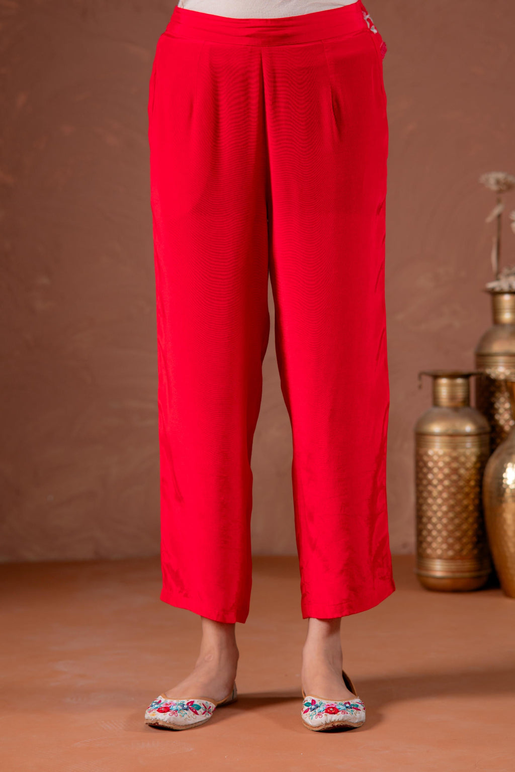 Juniper Red Anarkali Kurta Set With Embroidery And Scallop Hemline | Grocsy