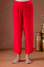 Juniper Red Anarkali Kurta Set With Embroidery And Scallop Hemline | Grocsy