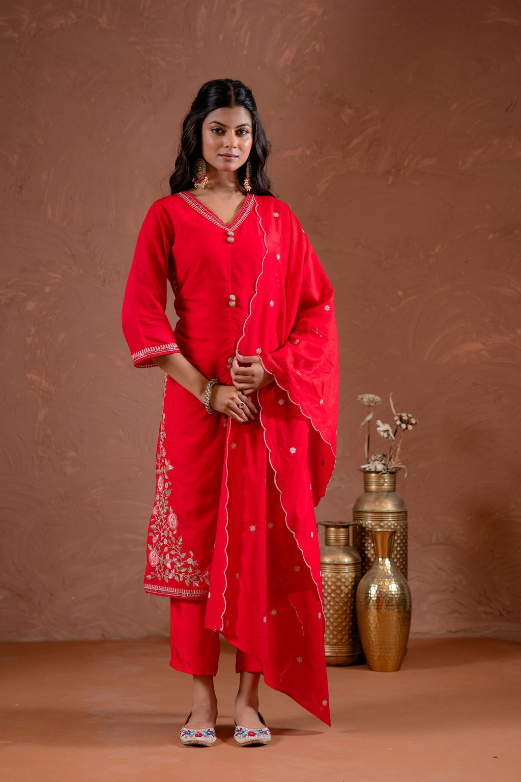 Juniper Red Anarkali Kurta Set With Embroidery And Scallop Hemline | Grocsy