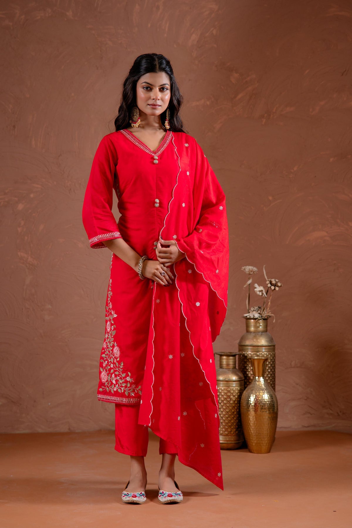 Juniper Red Anarkali Kurta Set With Embroidery And Scallop Hemline | Grocsy