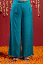 Juniper Rama Green Viscose Solid Fit & Flared Kurta With Pants & Dupatta Set With Mirror, Thread, Dori & Sequence Work | Grocsy