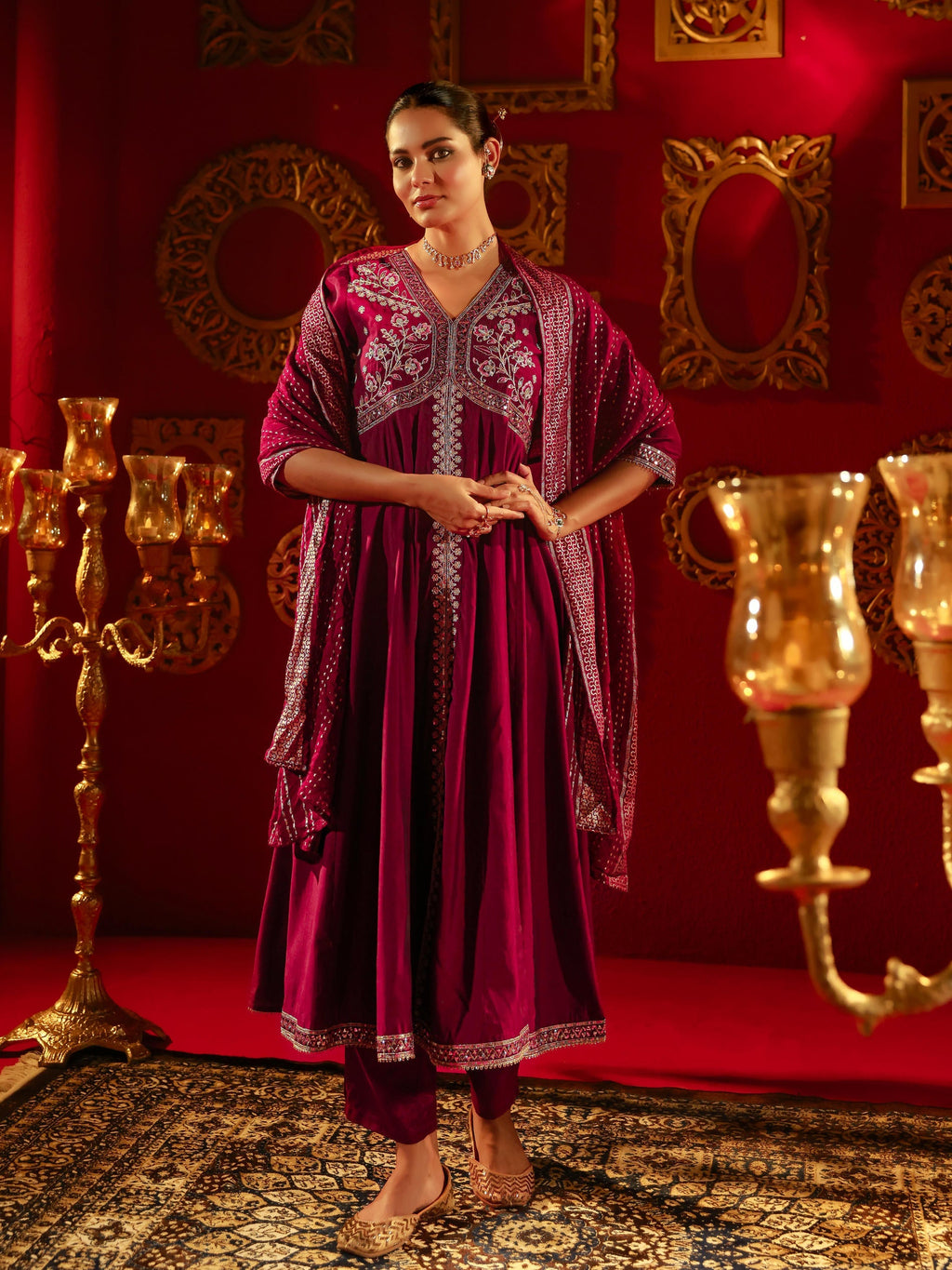 Juniper Wine Viscose Solid Fit & Flared Kurta With Pants & Dupatta Set With Mirror, Thread, Dori & Sequence Work | Grocsy