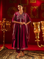 Juniper Wine Viscose Solid Fit & Flared Kurta With Pants & Dupatta Set With Mirror, Thread, Dori & Sequence Work | Grocsy