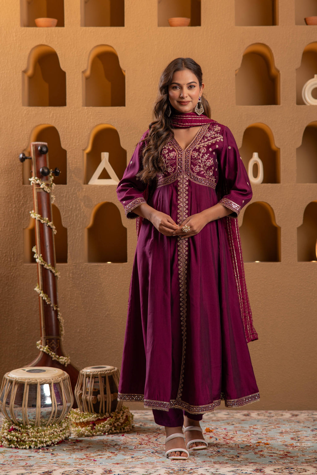 Juniper Wine Viscose Solid Fit & Flared Kurta With Pants & Dupatta Set With Mirror, Thread, Dori & Sequence Work | Grocsy