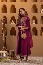 Juniper Wine Viscose Solid Fit & Flared Kurta With Pants & Dupatta Set With Mirror, Thread, Dori & Sequence Work | Grocsy
