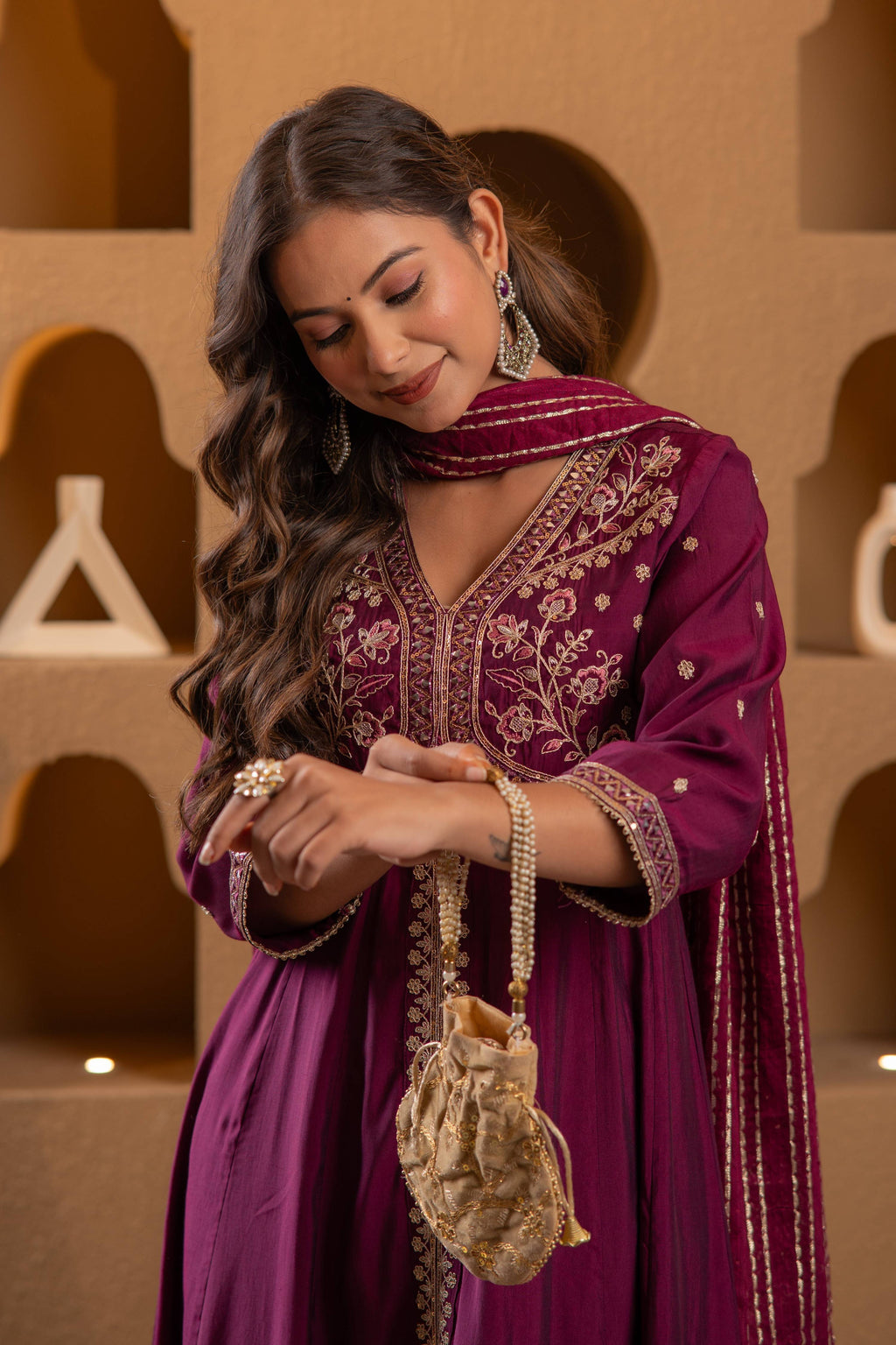 Juniper Wine Viscose Solid Fit & Flared Kurta With Pants & Dupatta Set With Mirror, Thread, Dori & Sequence Work | Grocsy