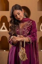 Juniper Wine Viscose Solid Fit & Flared Kurta With Pants & Dupatta Set With Mirror, Thread, Dori & Sequence Work | Grocsy