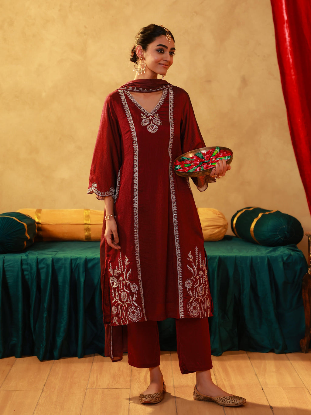 Juniper Red Man Made Fiber Straight Kurta Pant And Dupatta Set With Mirror, Thread, Dori & Sequin Work | Grocsy