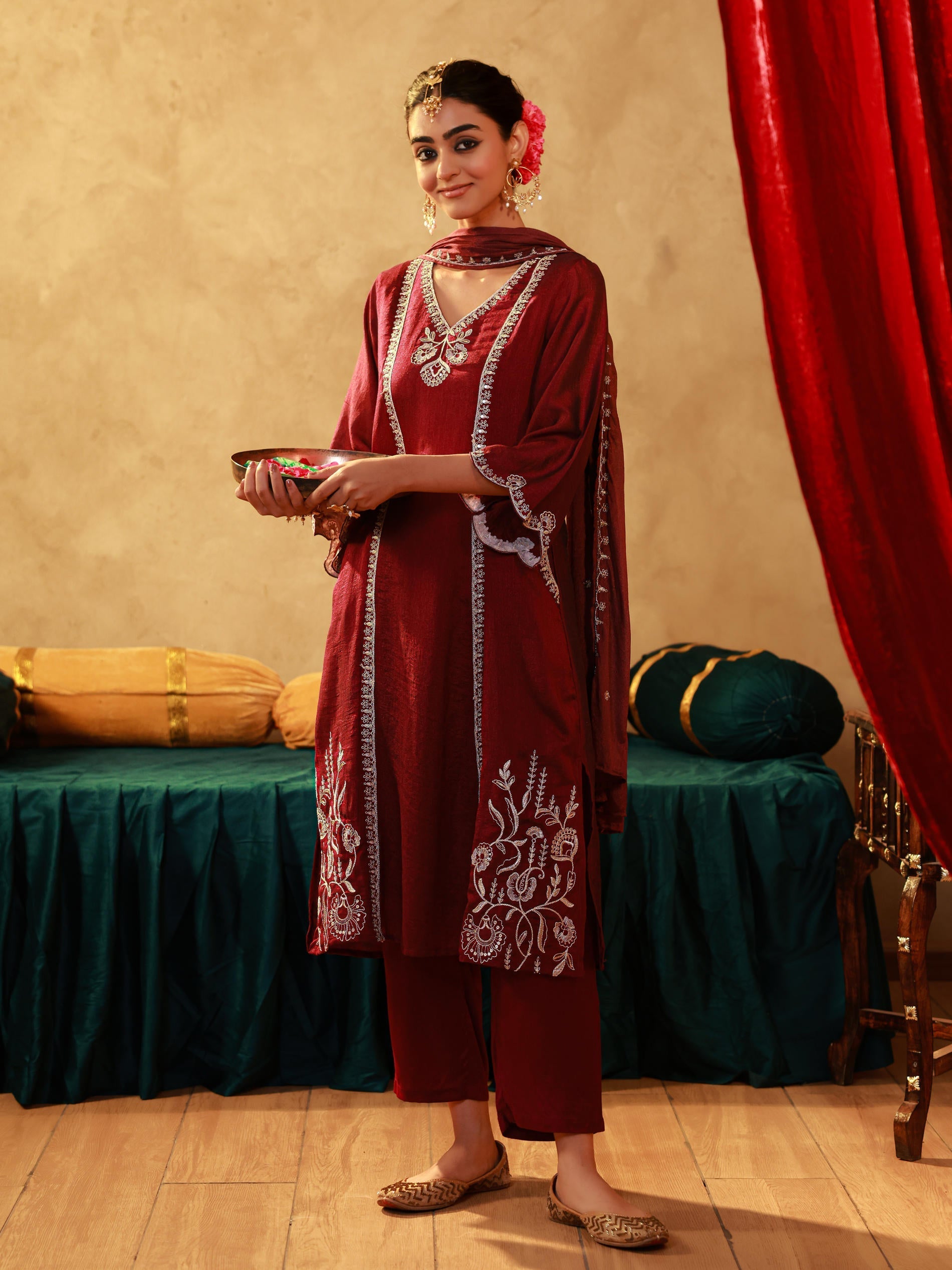 Juniper Red Man Made Fiber Straight Kurta Pant And Dupatta Set With Mirror, Thread, Dori & Sequin Work | Grocsy