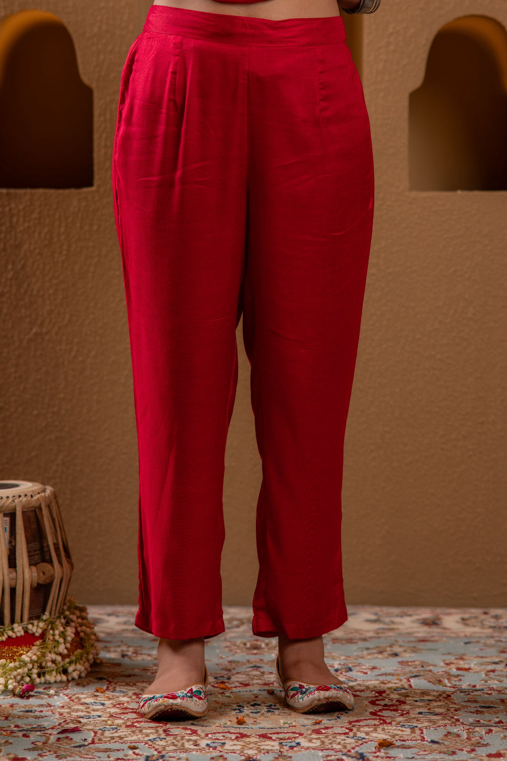 Juniper Red Man Made Fiber Straight Kurta Pant And Dupatta Set With Mirror, Thread, Dori & Sequin Work | Grocsy