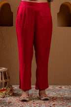 Juniper Red Man Made Fiber Straight Kurta Pant And Dupatta Set With Mirror, Thread, Dori & Sequin Work | Grocsy