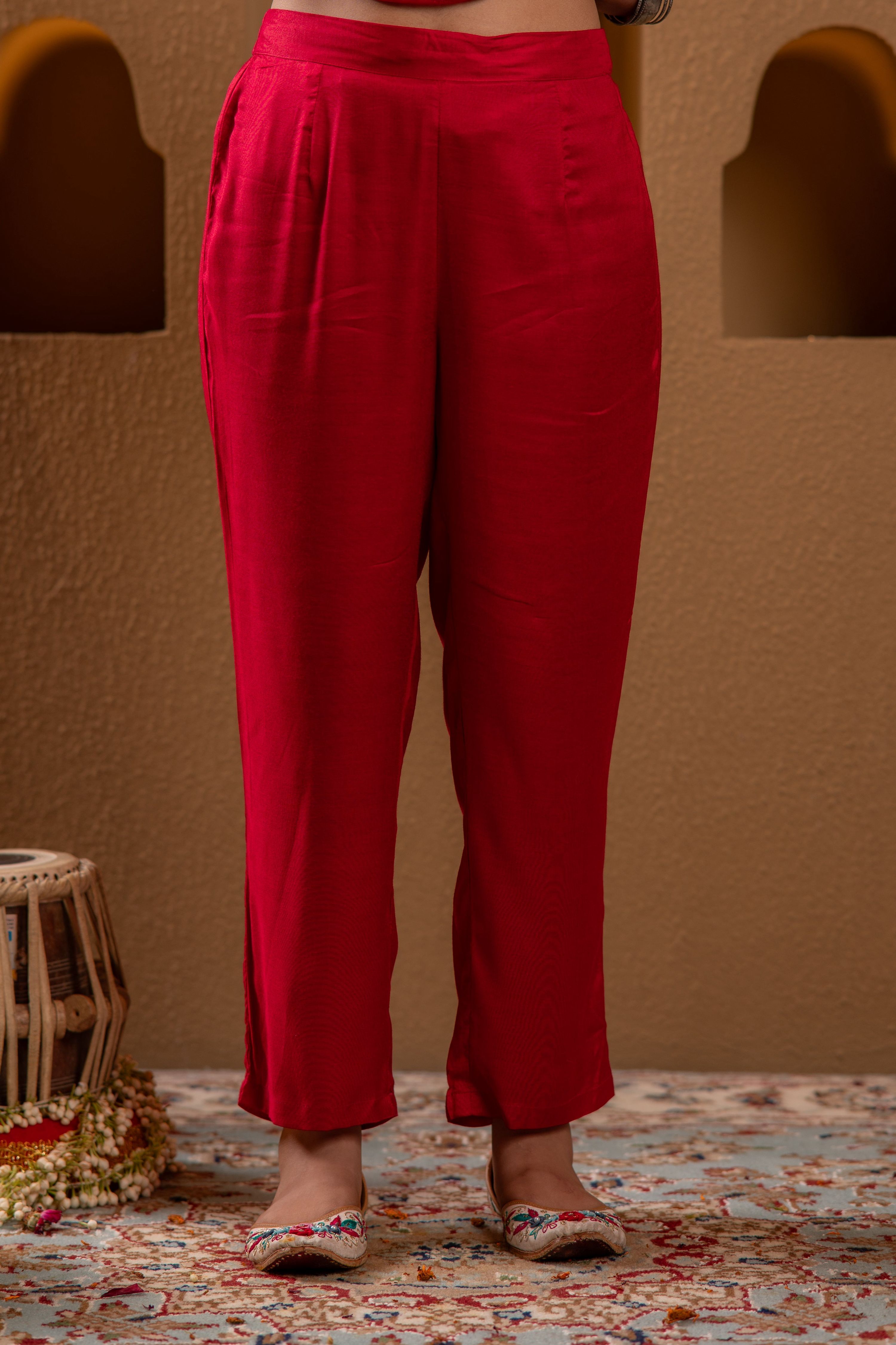 Juniper Red Man Made Fiber Straight Kurta Pant And Dupatta Set With Mirror, Thread, Dori & Sequin Work | Grocsy