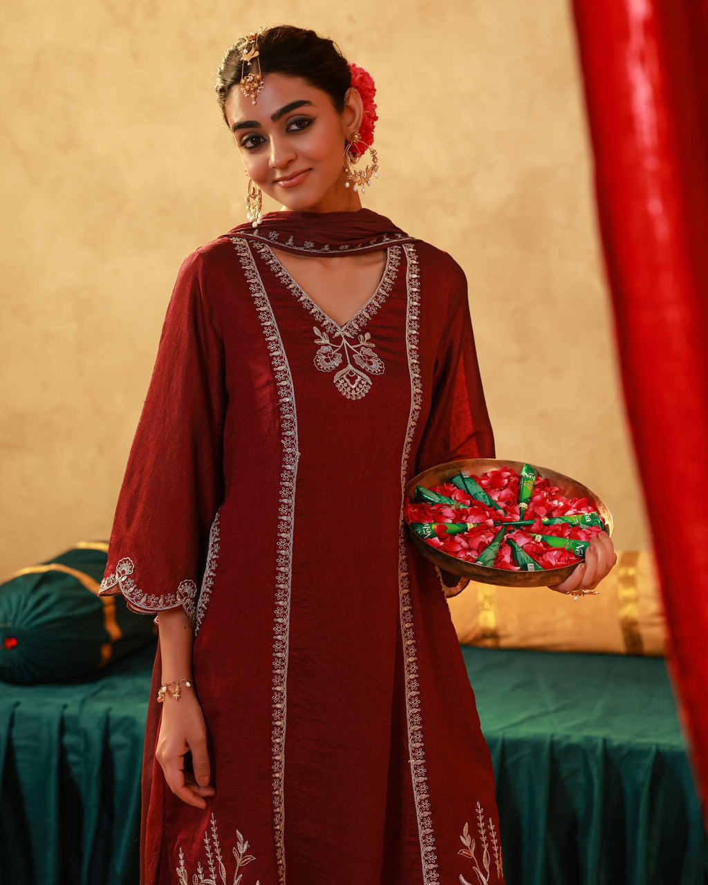 Juniper Red Man Made Fiber Straight Kurta Pant And Dupatta Set With Mirror, Thread, Dori & Sequin Work | Grocsy