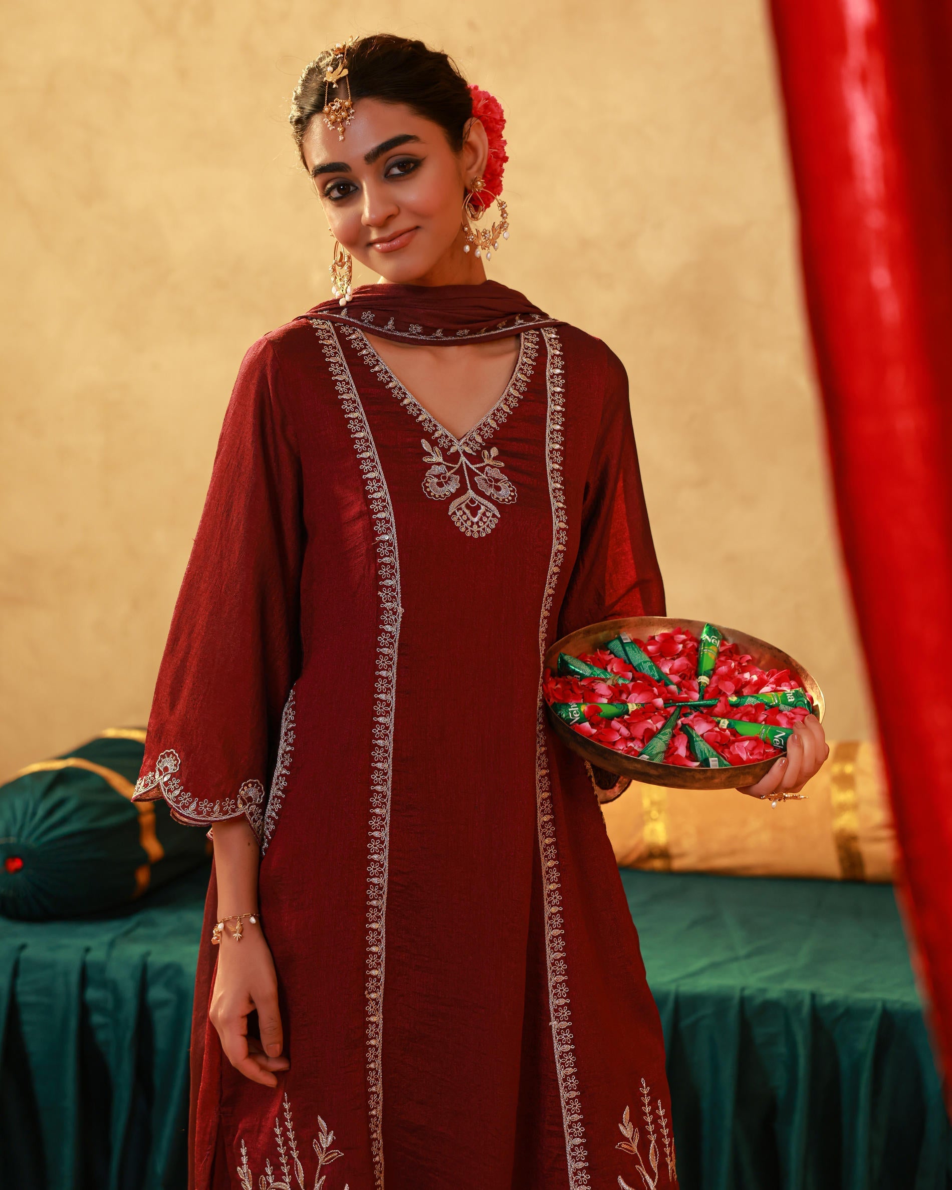 Juniper Red Man Made Fiber Straight Kurta Pant And Dupatta Set With Mirror, Thread, Dori & Sequin Work | Grocsy
