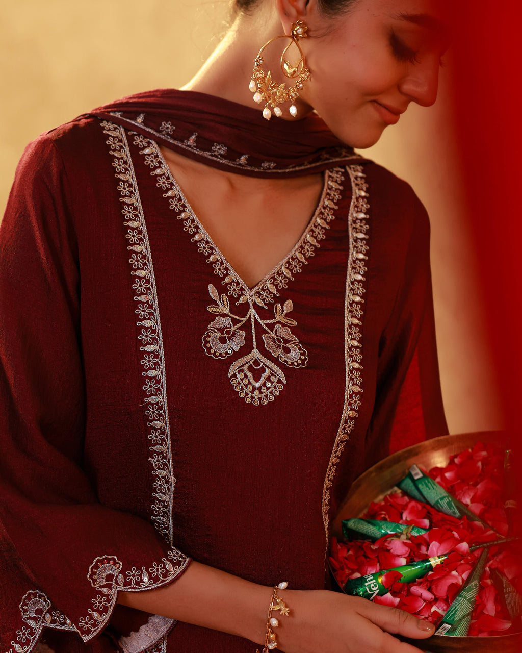 Juniper Red Man Made Fiber Straight Kurta Pant And Dupatta Set With Mirror, Thread, Dori & Sequin Work | Grocsy