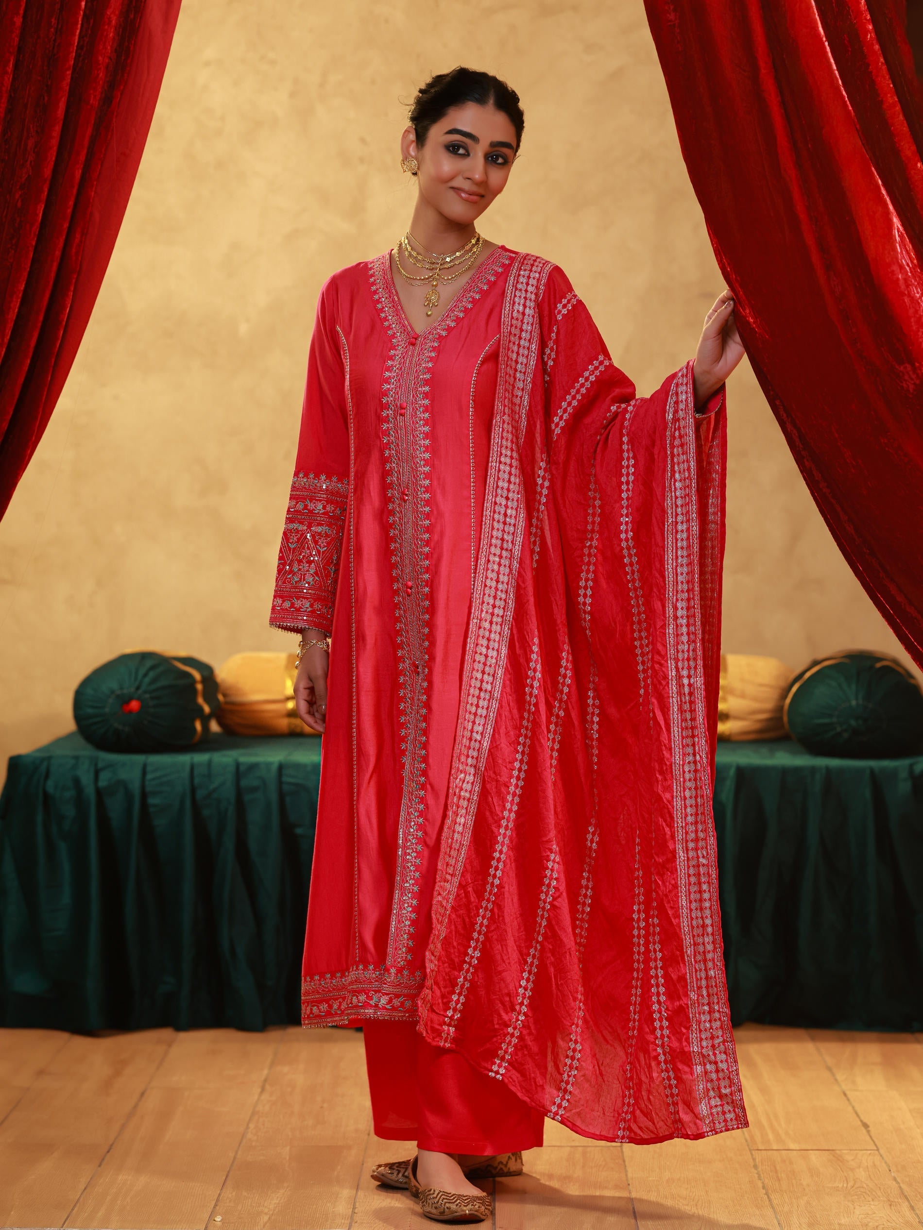 Juniper Fuchsia Viscose Solid A-Line Kurta With Pants & Dupatta Set With Zari, Sequence & Dori Work | Grocsy