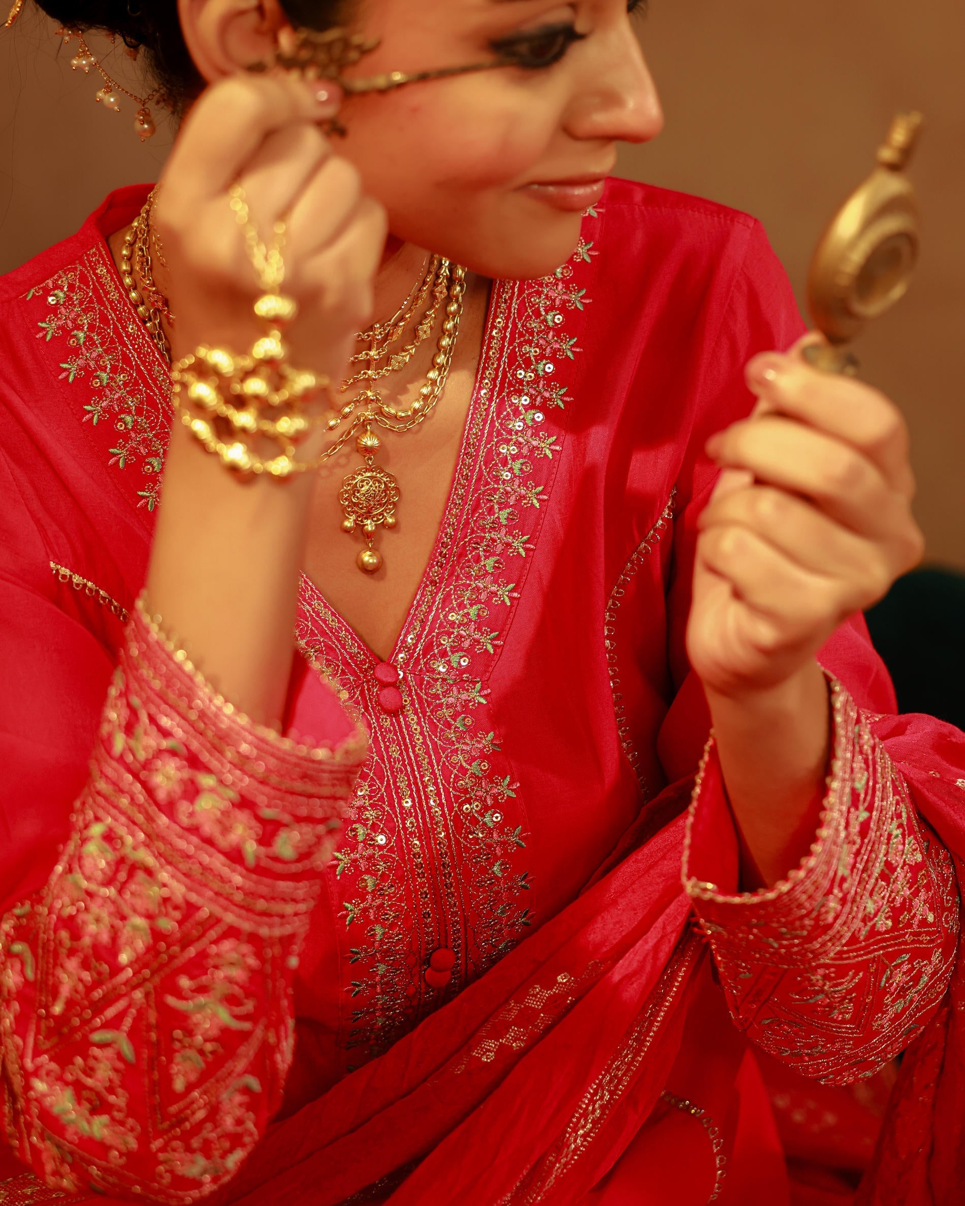 Juniper Fuchsia Viscose Solid A-Line Kurta With Pants & Dupatta Set With Zari, Sequence & Dori Work | Grocsy