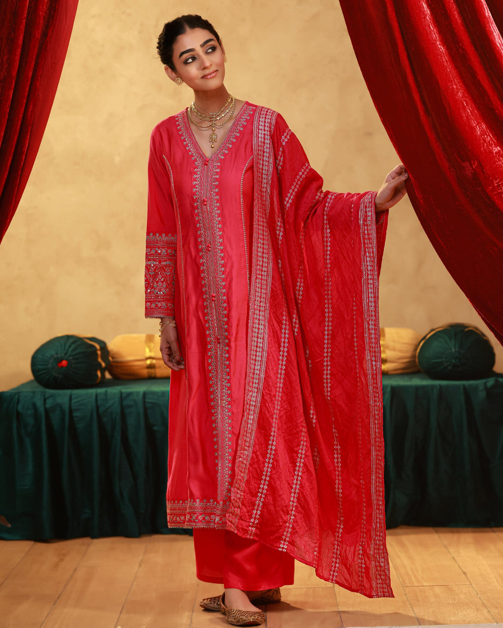 Juniper Fuchsia Viscose Solid A-Line Kurta With Pants & Dupatta Set With Zari, Sequence & Dori Work | Grocsy
