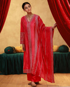 Juniper Fuchsia Viscose Solid A-Line Kurta With Pants & Dupatta Set With Zari, Sequence & Dori Work | Grocsy