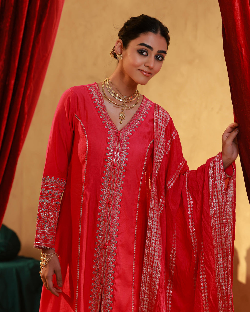 Juniper Fuchsia Viscose Solid A-Line Kurta With Pants & Dupatta Set With Zari, Sequence & Dori Work | Grocsy