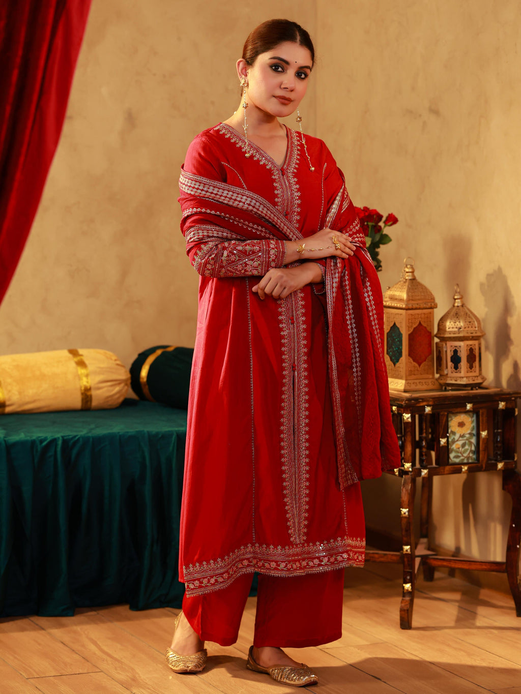 Juniper Red Viscose Solid A-Line Kurta With Pants & Dupatta Set With Zari, Sequence & Dori Work | Grocsy