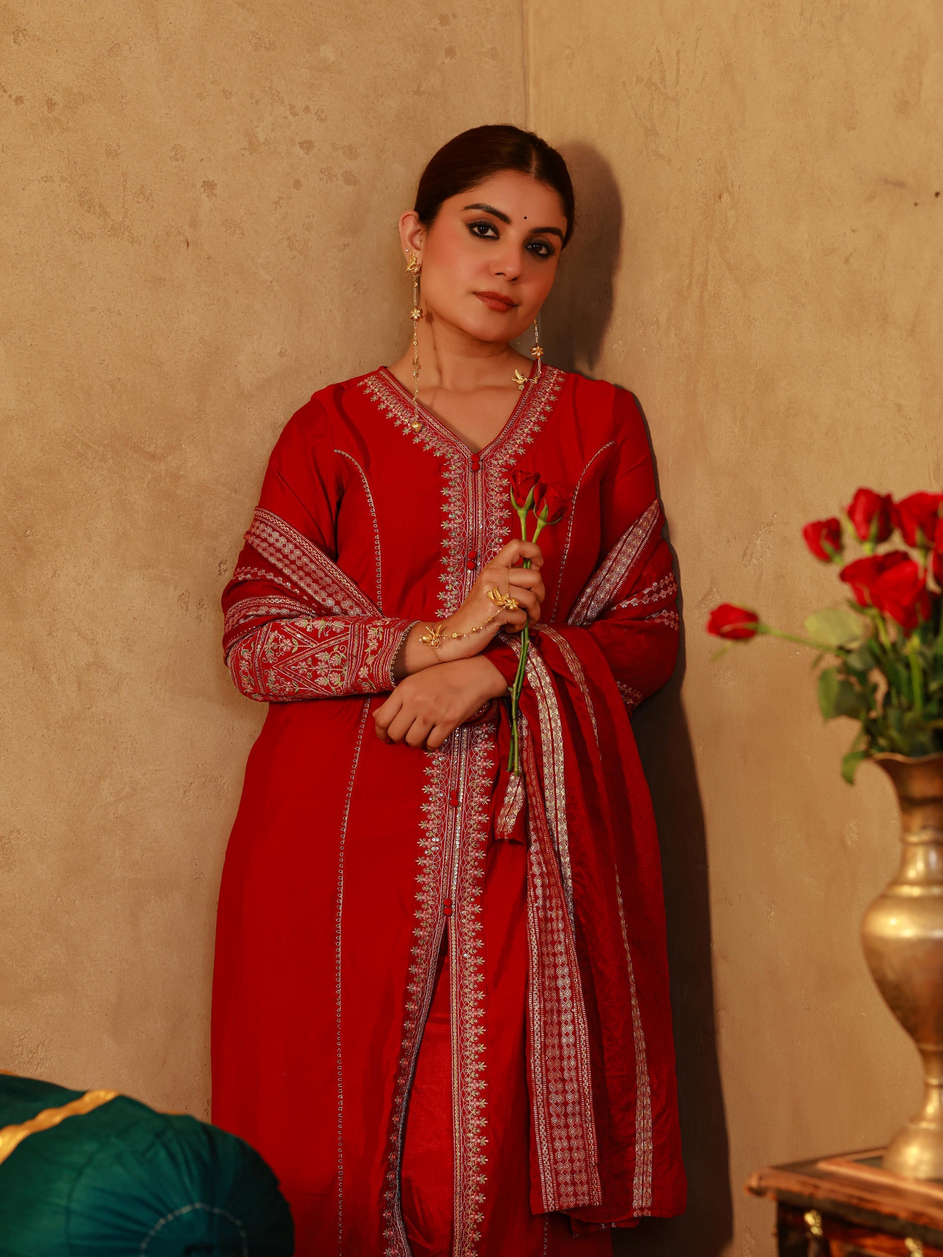 Juniper Red Viscose Solid A-Line Kurta With Pants & Dupatta Set With Zari, Sequence & Dori Work | Grocsy
