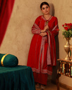 Juniper Red Viscose Solid A-Line Kurta With Pants & Dupatta Set With Zari, Sequence & Dori Work | Grocsy