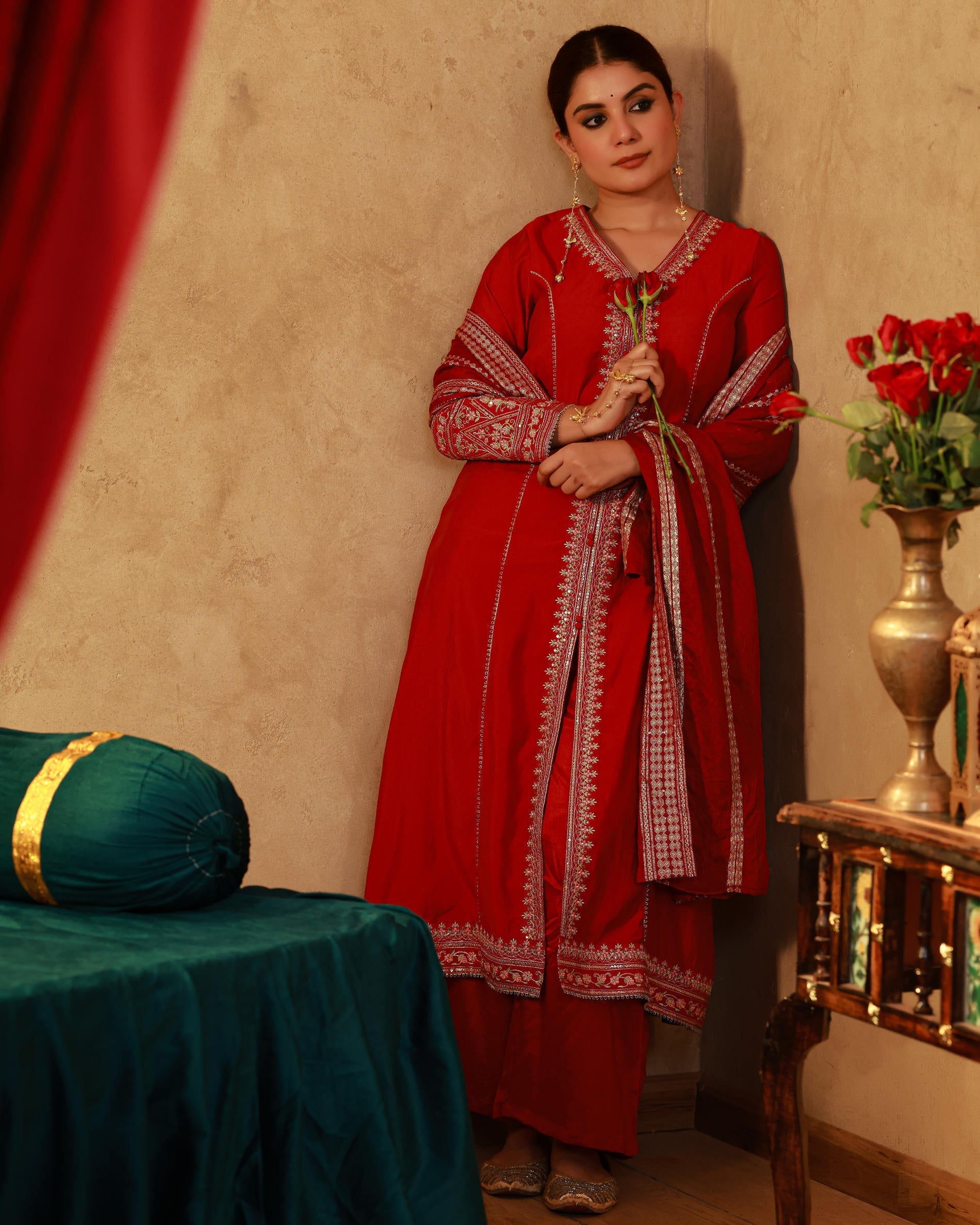 Juniper Red Viscose Solid A-Line Kurta With Pants & Dupatta Set With Zari, Sequence & Dori Work | Grocsy