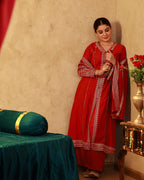 Juniper Red Viscose Solid A-Line Kurta With Pants & Dupatta Set With Zari, Sequence & Dori Work | Grocsy