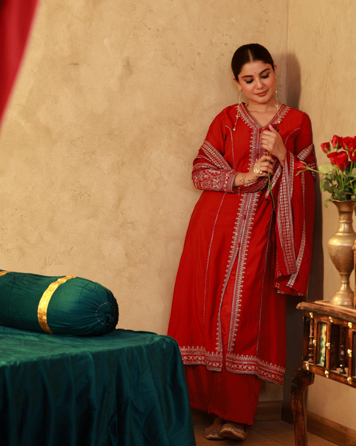 Juniper Red Viscose Solid A-Line Kurta With Pants & Dupatta Set With Zari, Sequence & Dori Work | Grocsy