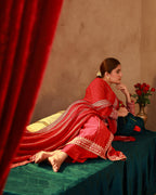 Juniper Red Viscose Solid A-Line Kurta With Pants & Dupatta Set With Zari, Sequence & Dori Work | Grocsy